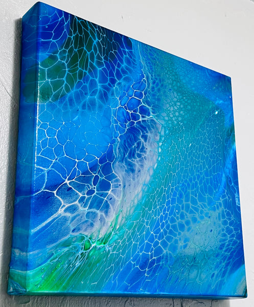 Ocean Drift – 14×14 in (35.6×35.6 cm) Abstract Acrylic Swipe Painting on Canvas | Blue Fluid Art with Floetrol Medium & High-Gloss Finish