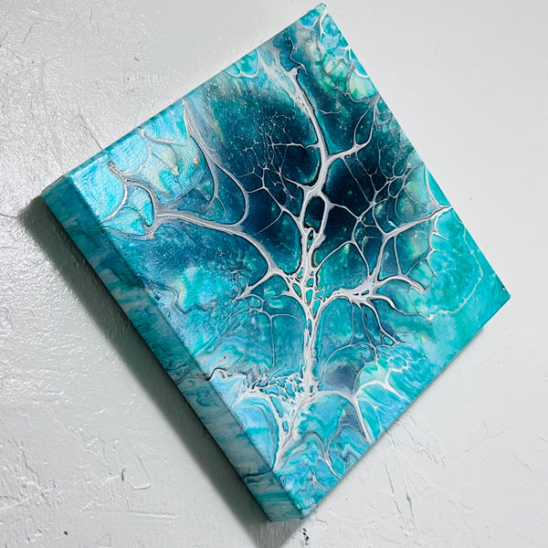Ocean Bloom – 10x10 Abstract Acrylic Painting in Turquoise and Teal | Fluid Art Wall Deco
