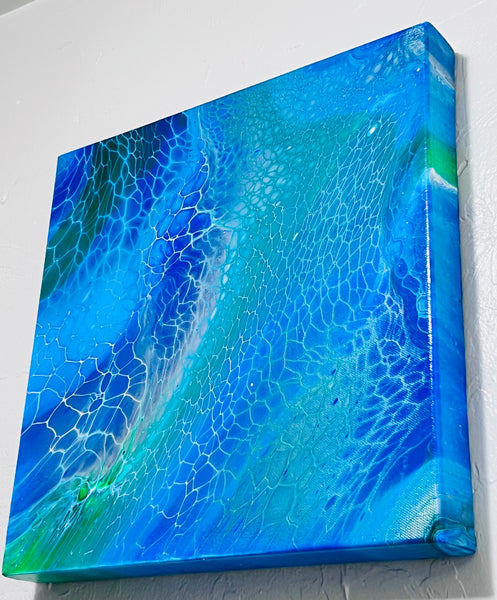 Ocean Drift – 14×14 in (35.6×35.6 cm) Abstract Acrylic Swipe Painting on Canvas | Blue Fluid Art with Floetrol Medium & High-Gloss Finish