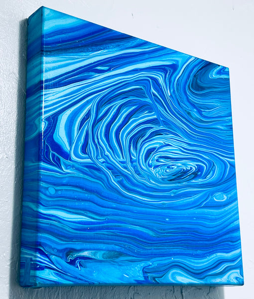 Abyssal Flow – 14×14 in (35.6×35.6 cm) Abstract Acrylic Pour Painting on Canvas | Ocean Blue Fluid Art with Floetrol Medium & High-Gloss Finish