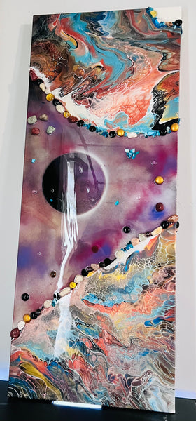Constellations of Resilience – Large 16x48 Abstract Galaxy Painting | Mixed Media Acrylic Pour with Gemstones & Resin