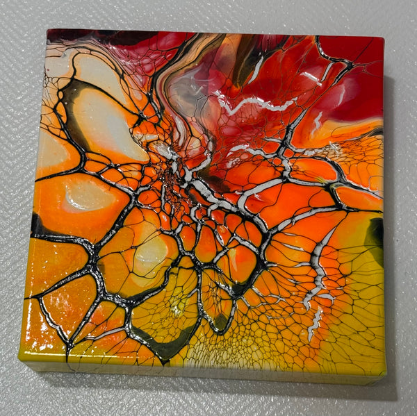 Solar Bloom – 6x6-Inch | Abstract Acrylic Painting on Canvas | Bloom Technique Fluid Art