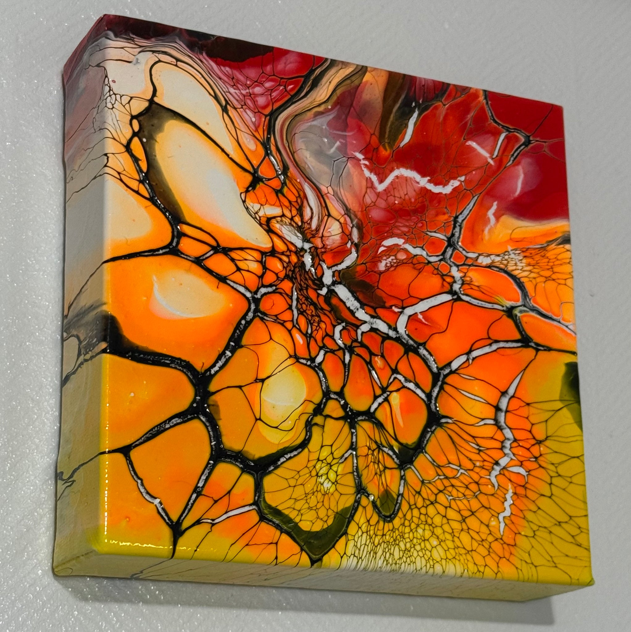 Solar Bloom – 6x6-Inch | Abstract Acrylic Painting on Canvas | Bloom Technique Fluid Art