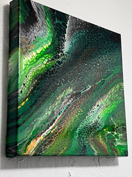 Verdant Currents – 14×14 in (35.6×35.6 cm) Abstract Bloom Acrylic Painting on Canvas | Green Fluid Art with High-Gloss Finish