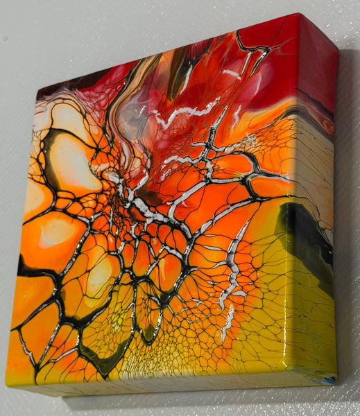 Solar Bloom – 6x6-Inch | Abstract Acrylic Painting on Canvas | Bloom Technique Fluid Art