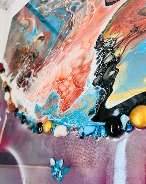 Constellations of Resilience – Large 16x48 Abstract Galaxy Painting | Mixed Media Acrylic Pour with Gemstones & Resin