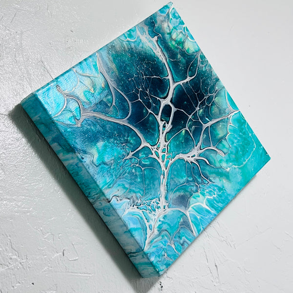 Ocean Bloom – 10x10 Abstract Acrylic Painting in Turquoise and Teal | Fluid Art Wall Deco