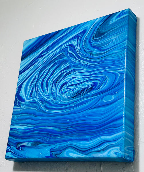 Abyssal Flow – 14×14 in (35.6×35.6 cm) Abstract Acrylic Pour Painting on Canvas | Ocean Blue Fluid Art with Floetrol Medium & High-Gloss Finish
