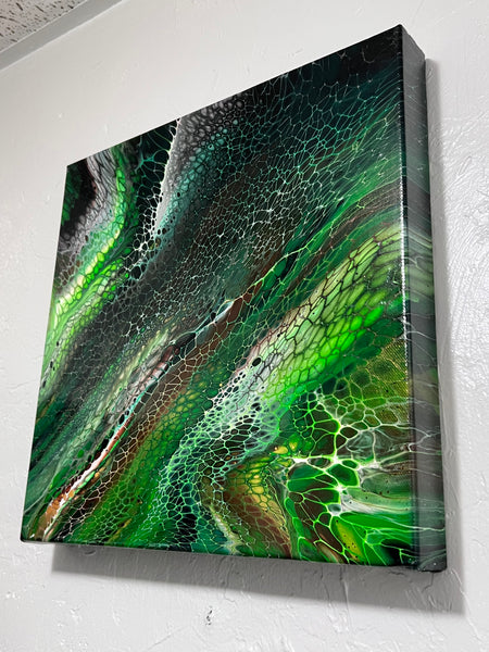 Verdant Currents – 14×14 in (35.6×35.6 cm) Abstract Bloom Acrylic Painting on Canvas | Green Fluid Art with High-Gloss Finish