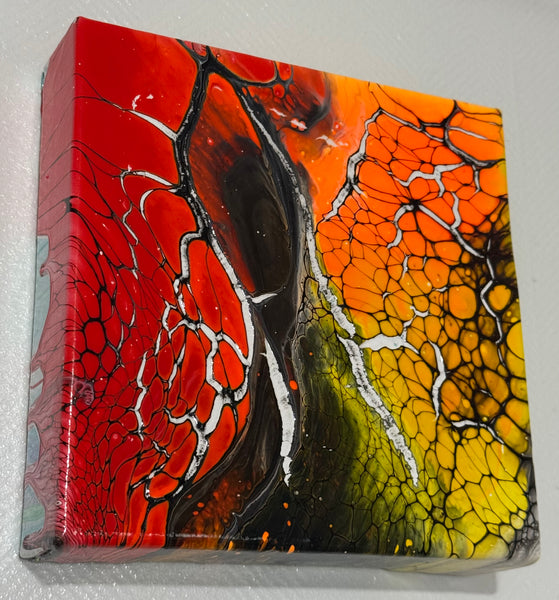 Inferno Bloom – 6x6 Abstract Acrylic Painting on Canvas | Bloom Technique Fluid Art