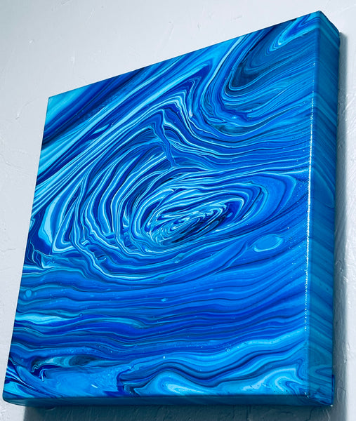 Abyssal Flow – 14×14 in (35.6×35.6 cm) Abstract Acrylic Pour Painting on Canvas | Ocean Blue Fluid Art with Floetrol Medium & High-Gloss Finish