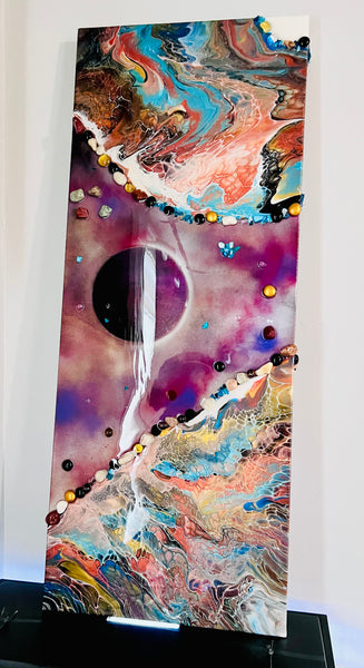 Constellations of Resilience – Large 16x48 Abstract Galaxy Painting | Mixed Media Acrylic Pour with Gemstones & Resin
