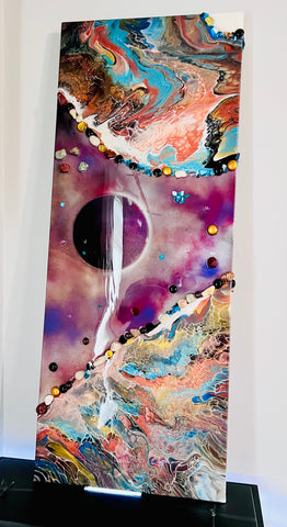 Constellations of Resilience – Large 16x48 Abstract Galaxy Painting | Mixed Media Acrylic Pour with Gemstones & Resin