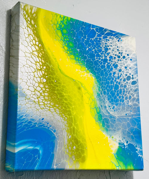 Solar Drift – 14×14 in (35.6×35.6 cm) Abstract Acrylic Swipe Painting on Canvas | Yellow & Blue Fluid Art with Floetrol Medium & High-Gloss Finish