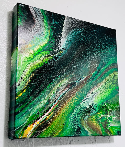 Verdant Currents – 14×14 in (35.6×35.6 cm) Abstract Bloom Acrylic Painting on Canvas | Green Fluid Art with High-Gloss Finish