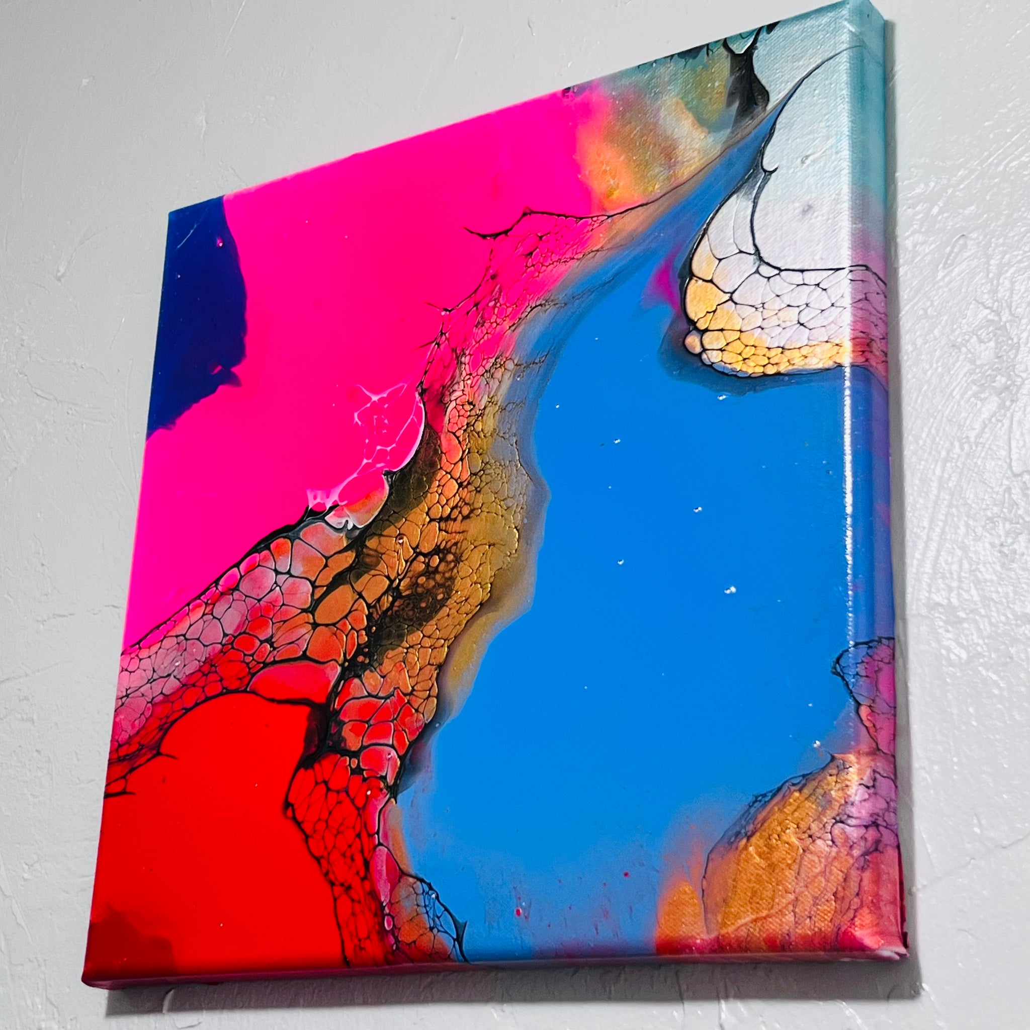 Crimson Horizon – 12x12 Abstract Acrylic Painting on Gallery Wrapped Canvas | Fluid Art with Swipe Technique