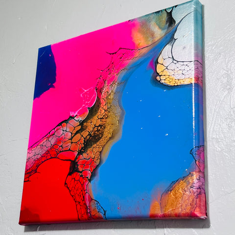 Crimson Horizon – 12x12 Abstract Acrylic Painting on Gallery Wrapped Canvas | Fluid Art with Swipe Technique