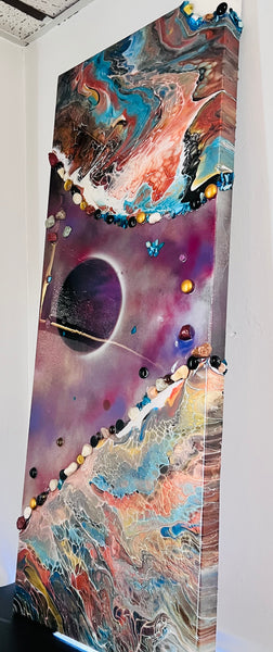 Constellations of Resilience – Large 16x48 Abstract Galaxy Painting | Mixed Media Acrylic Pour with Gemstones & Resin