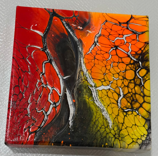 Inferno Bloom – 6x6 Abstract Acrylic Painting on Canvas | Bloom Technique Fluid Art