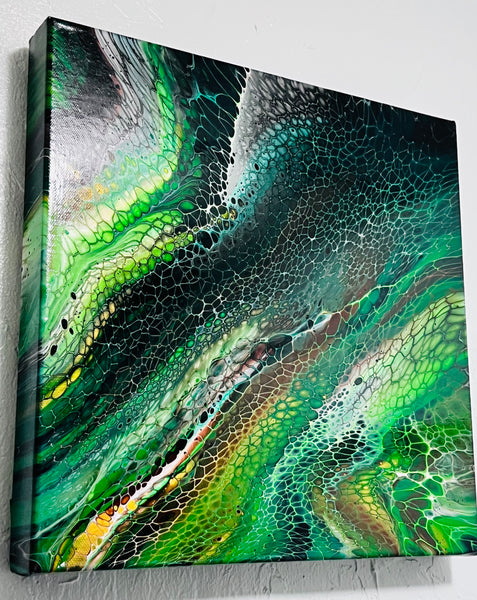 Verdant Currents – 14×14 in (35.6×35.6 cm) Abstract Bloom Acrylic Painting on Canvas | Green Fluid Art with High-Gloss Finish