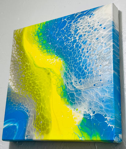 Solar Drift – 14×14 in (35.6×35.6 cm) Abstract Acrylic Swipe Painting on Canvas | Yellow & Blue Fluid Art with Floetrol Medium & High-Gloss Finish