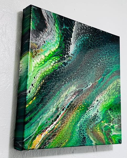 Verdant Currents – 14×14 in (35.6×35.6 cm) Abstract Bloom Acrylic Painting on Canvas | Green Fluid Art with High-Gloss Finish