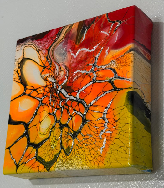 Solar Bloom – 6x6-Inch | Abstract Acrylic Painting on Canvas | Bloom Technique Fluid Art