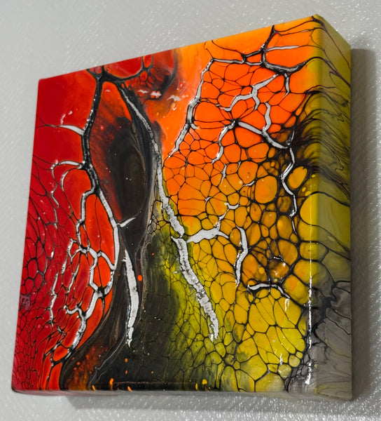 Inferno Bloom – 6x6 Abstract Acrylic Painting on Canvas | Bloom Technique Fluid Art