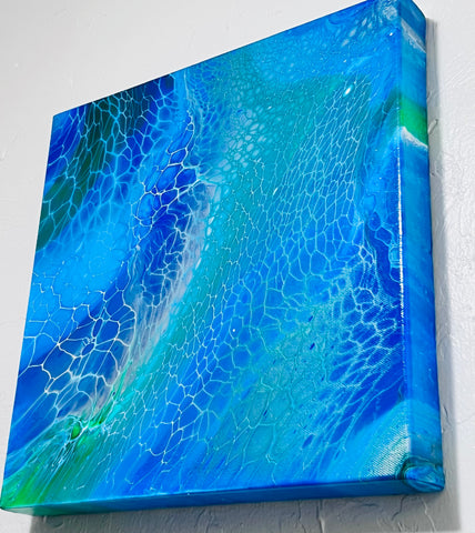 Ocean Drift – 14×14 in (35.6×35.6 cm) Abstract Acrylic Swipe Painting on Canvas | Blue Fluid Art with Floetrol Medium & High-Gloss Finish