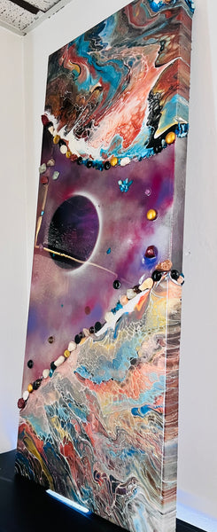 Constellations of Resilience – Large 16x48 Abstract Galaxy Painting | Mixed Media Acrylic Pour with Gemstones & Resin