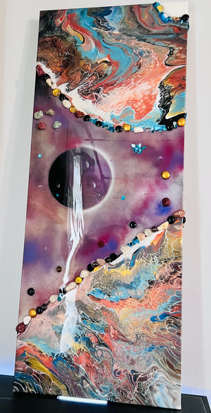 Constellations of Resilience – Large 16x48 Abstract Galaxy Painting | Mixed Media Acrylic Pour with Gemstones & Resin