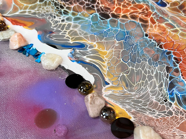 Constellations of Resilience – Large 16x48 Abstract Galaxy Painting | Mixed Media Acrylic Pour with Gemstones & Resin