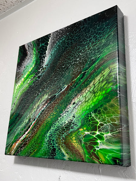 Verdant Currents – 14×14 in (35.6×35.6 cm) Abstract Bloom Acrylic Painting on Canvas | Green Fluid Art with High-Gloss Finish
