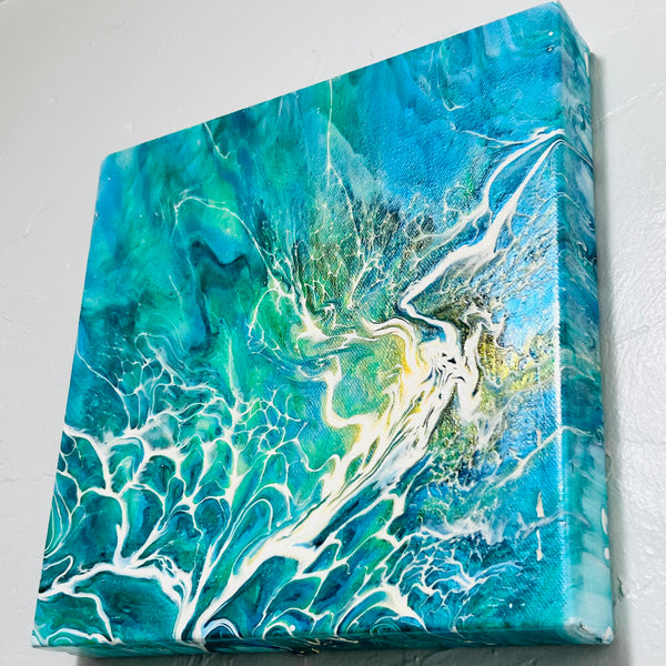 Emerald Surge – 10x10 Abstract Aqua and Teal Acrylic Painting | Fluid Art with Bloom Technique
