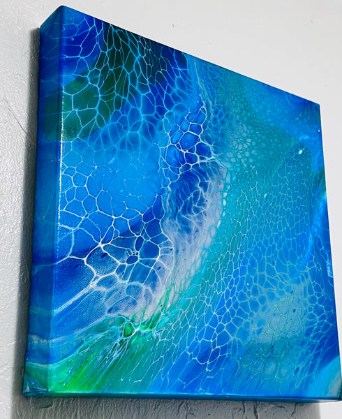 Ocean Drift – 14×14 in (35.6×35.6 cm) Abstract Acrylic Swipe Painting on Canvas | Blue Fluid Art with Floetrol Medium & High-Gloss Finish