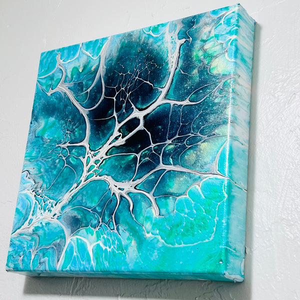 Ocean Bloom – 10x10 Abstract Acrylic Painting in Turquoise and Teal | Fluid Art Wall Deco