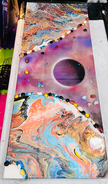Constellations of Resilience – Large 16x48 Abstract Galaxy Painting | Mixed Media Acrylic Pour with Gemstones & Resin