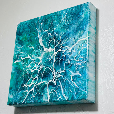 Celestial Currents – 10x10 Abstract Aqua Acrylic Painting | Fluid Art with Bloom Technique