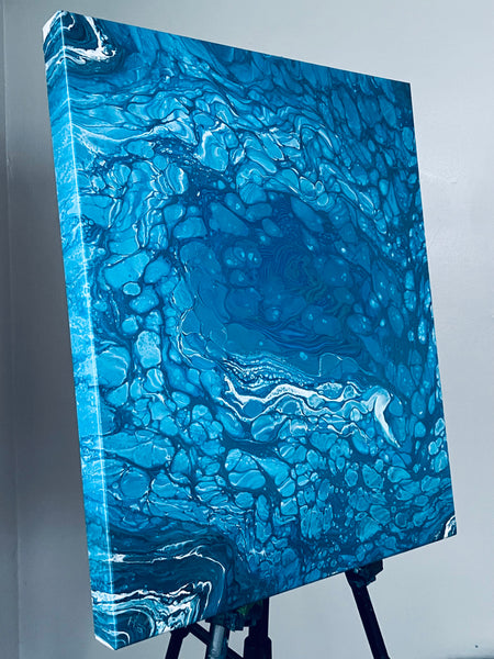 Ocean Blue Abstract Fluid Art on 20x24 Canvas – Acrylic Ring Pour with High-Gloss Finish (Original Artwork)