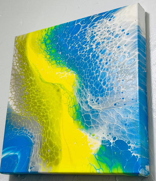 Solar Drift – 14×14 in (35.6×35.6 cm) Abstract Acrylic Swipe Painting on Canvas | Yellow & Blue Fluid Art with Floetrol Medium & High-Gloss Finish