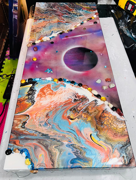 Constellations of Resilience – Large 16x48 Abstract Galaxy Painting | Mixed Media Acrylic Pour with Gemstones & Resin