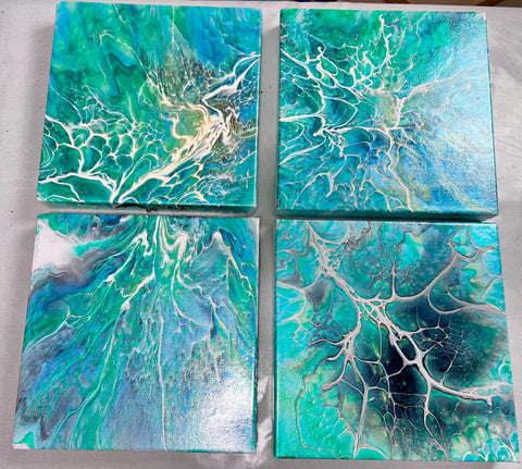 Ocean Veil Quartet | 10 x 10 inches | Acrylics Bloom Abstract Paintings | Set of 4 Pieces