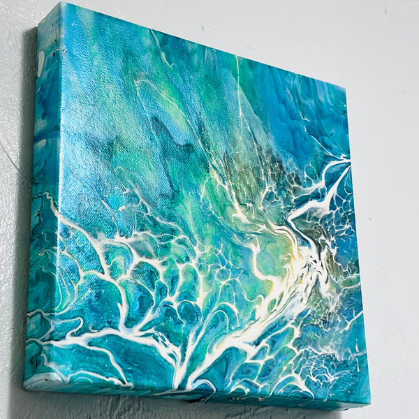 Emerald Surge – 10x10 Abstract Aqua and Teal Acrylic Painting | Fluid Art with Bloom Technique
