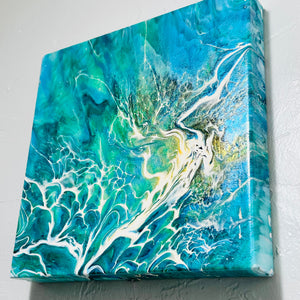 Emerald Surge – 10x10 Abstract Aqua and Teal Acrylic Painting | Fluid Art with Bloom Technique