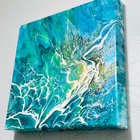 Emerald Surge – 10x10 Abstract Aqua and Teal Acrylic Painting | Fluid Art with Bloom Technique