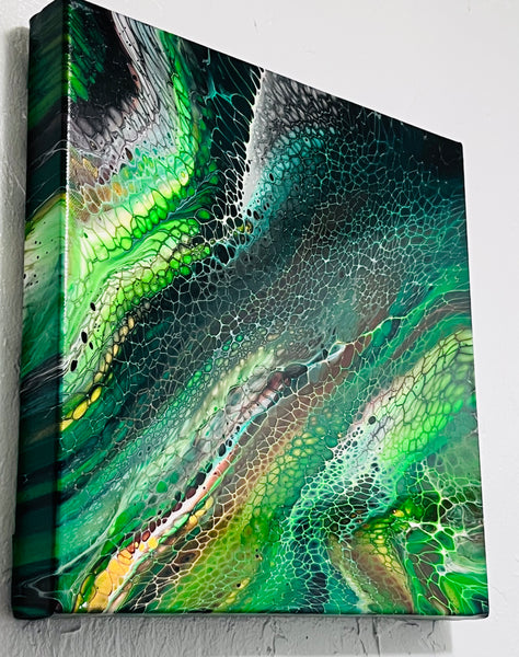 Verdant Currents – 14×14 in (35.6×35.6 cm) Abstract Bloom Acrylic Painting on Canvas | Green Fluid Art with High-Gloss Finish