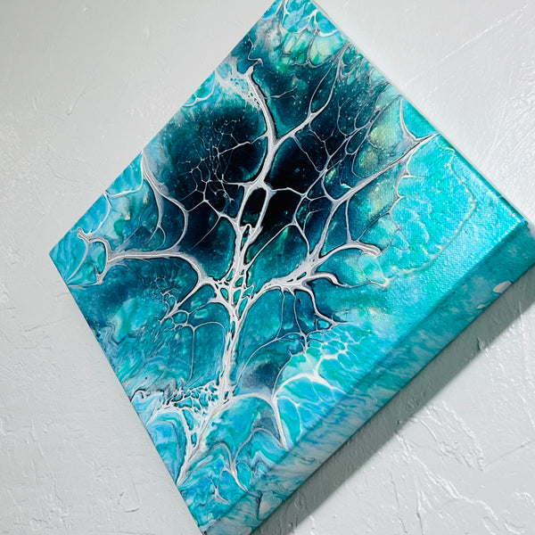 Ocean Bloom – 10x10 Abstract Acrylic Painting in Turquoise and Teal | Fluid Art Wall Deco