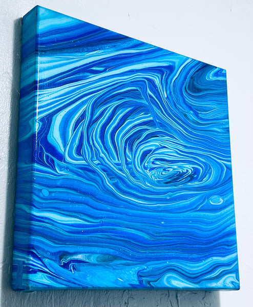 Abyssal Flow – 14×14 in (35.6×35.6 cm) Abstract Acrylic Pour Painting on Canvas | Ocean Blue Fluid Art with Floetrol Medium & High-Gloss Finish