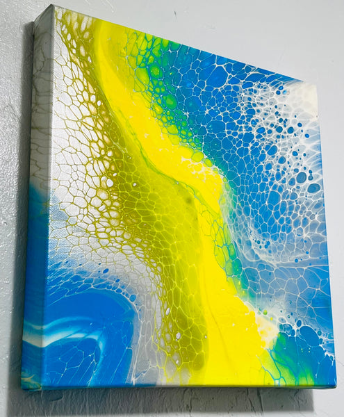 Solar Drift – 14×14 in (35.6×35.6 cm) Abstract Acrylic Swipe Painting on Canvas | Yellow & Blue Fluid Art with Floetrol Medium & High-Gloss Finish