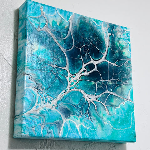 Ocean Bloom – 10x10 Abstract Acrylic Painting in Turquoise and Teal | Fluid Art Wall Deco